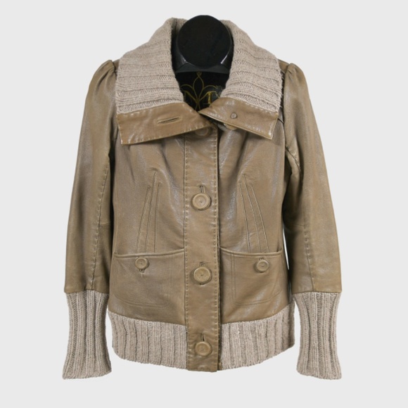 MACKAGE Tan Leather and Wool Ribbing Jacket Size M - Picture 1 of 13